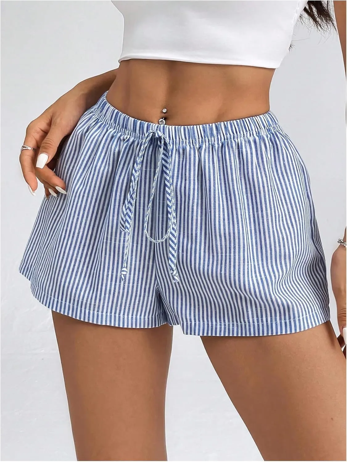 Women's Striped Print Drawstring Elastic Waist Shorts Casual Wide Leg Low Rise Summer Boxer Shorts