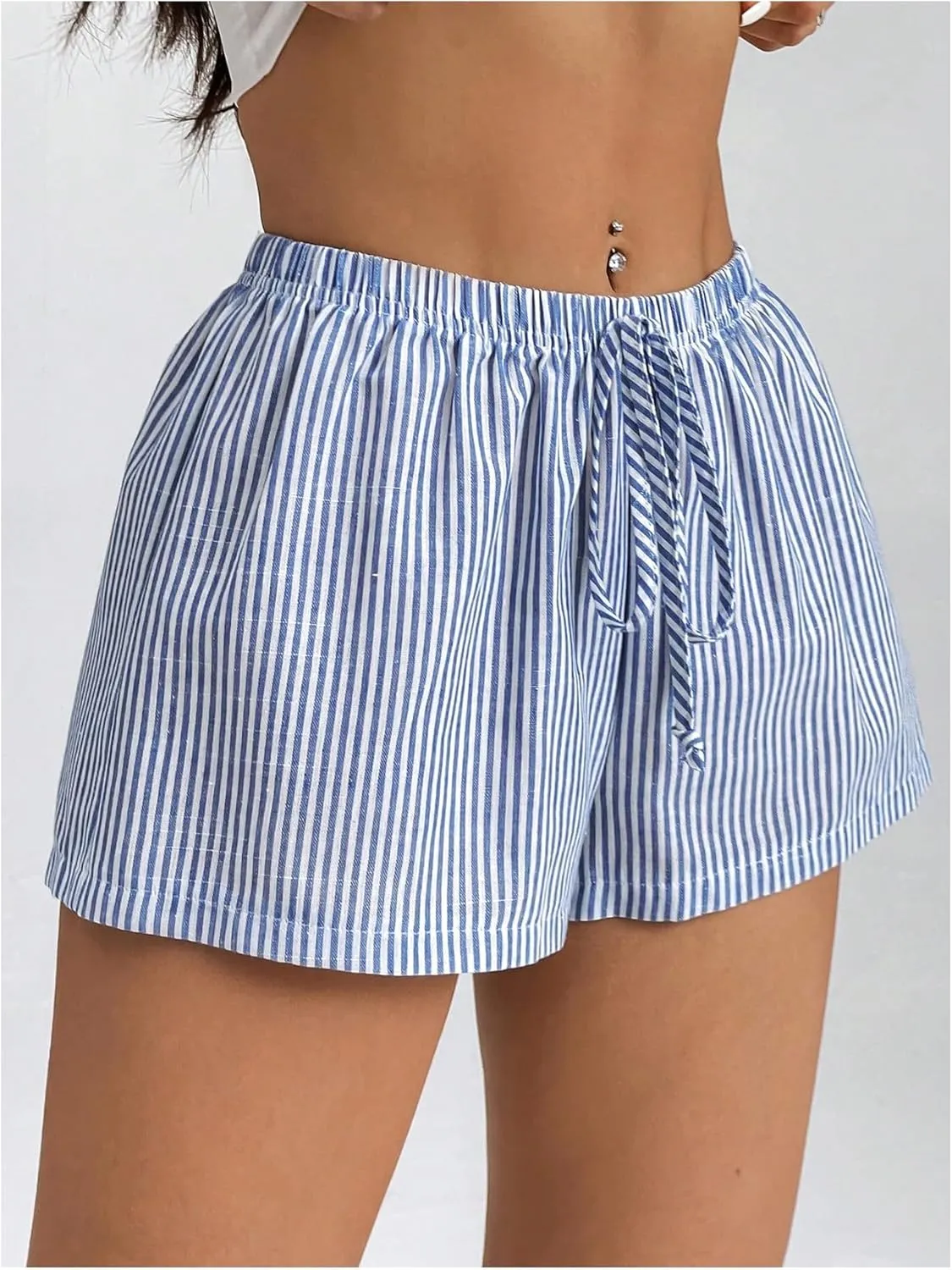 Women's Striped Print Drawstring Elastic Waist Shorts Casual Wide Leg Low Rise Summer Boxer Shorts