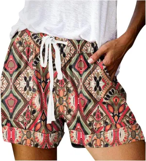 Women's Summer Beach Shorts Vacation Floral Drawstring Elastic Waist Short Pants Casual Shorts with Poickets