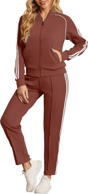 Women's Tracksuit 2 Piece Outfits Zip Striped Sportswear Long Sleeve Jogger Suits for Women with Pockets