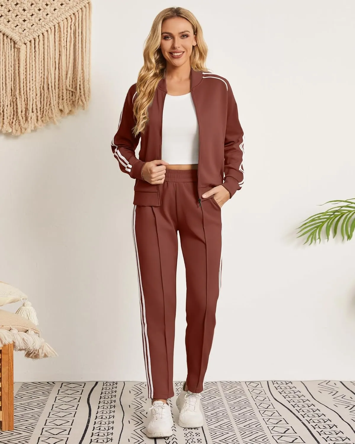Women's Tracksuit 2 Piece Outfits Zip Striped Sportswear Long Sleeve Jogger Suits for Women with Pockets