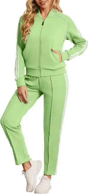 Women's Tracksuit 2 Piece Outfits Zip Striped Sportswear Long Sleeve Jogger Suits for Women with Pockets