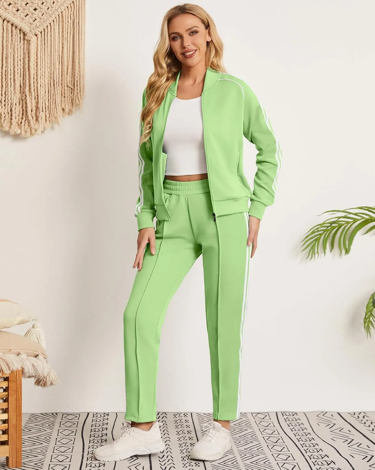 Women's Tracksuit 2 Piece Outfits Zip Striped Sportswear Long Sleeve Jogger Suits for Women with Pockets