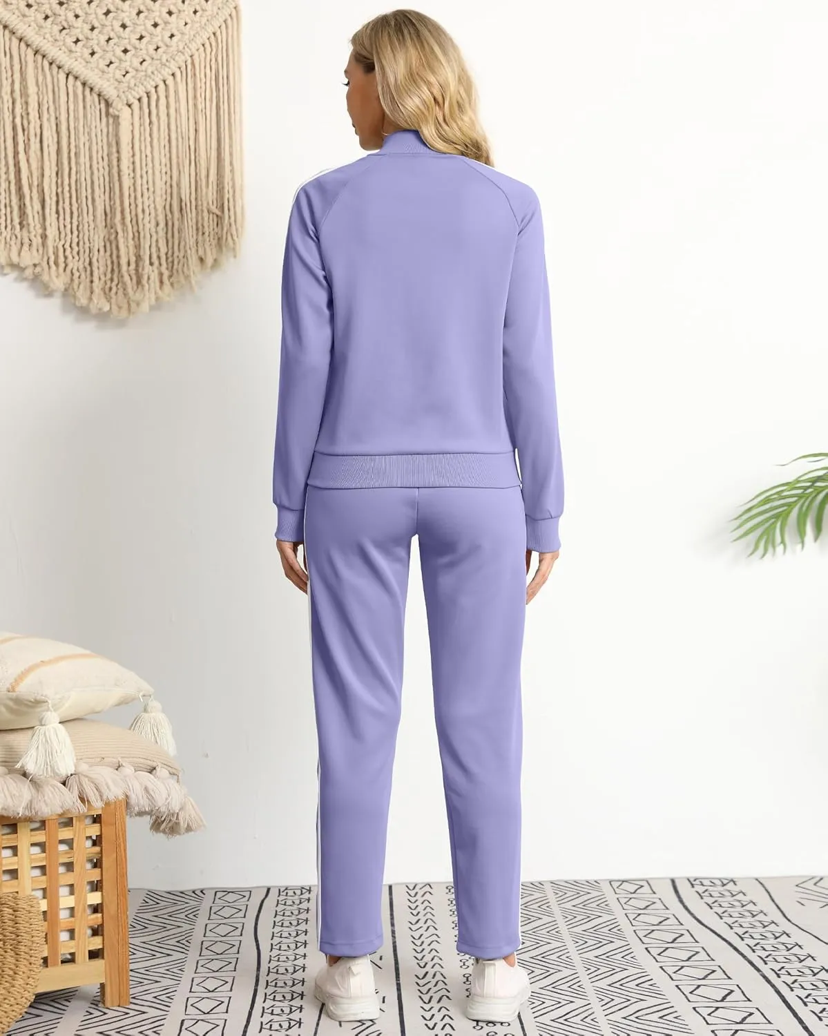 Women's Tracksuit 2 Piece Outfits Zip Striped Sportswear Long Sleeve Jogger Suits for Women with Pockets