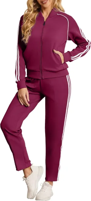 Women's Tracksuit 2 Piece Outfits Zip Striped Sportswear Long Sleeve Jogger Suits for Women with Pockets