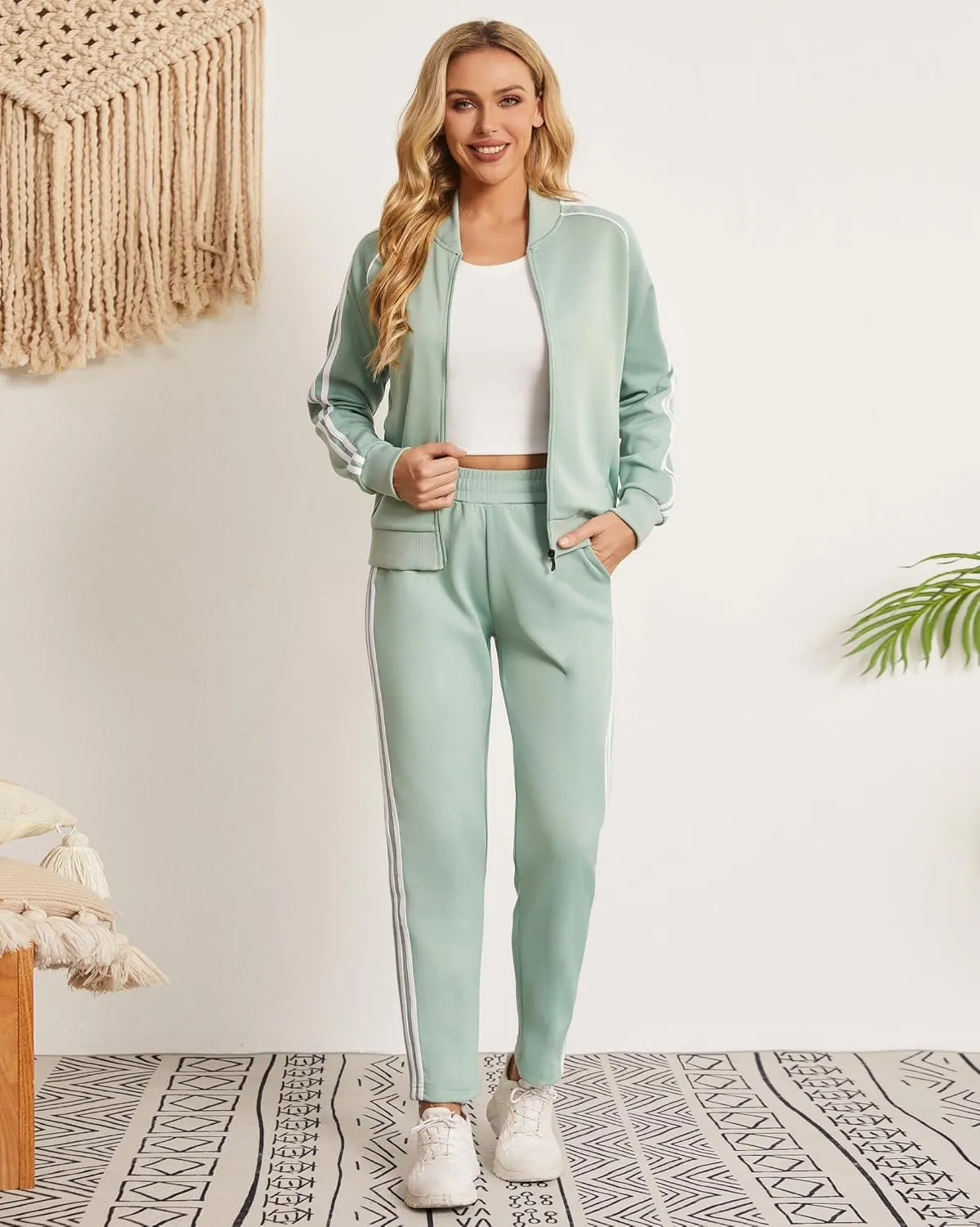 Women's Tracksuit 2 Piece Outfits Zip Striped Sportswear Long Sleeve Jogger Suits for Women with Pockets