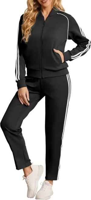 Women's Tracksuit 2 Piece Outfits Zip Striped Sportswear Long Sleeve Jogger Suits for Women with Pockets