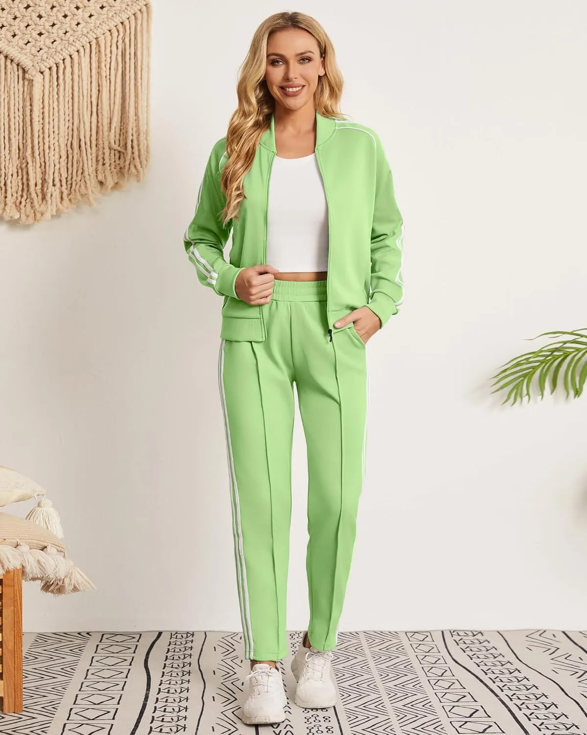 Women's Tracksuit 2 Piece Outfits Zip Striped Sportswear Long Sleeve Jogger Suits for Women with Pockets