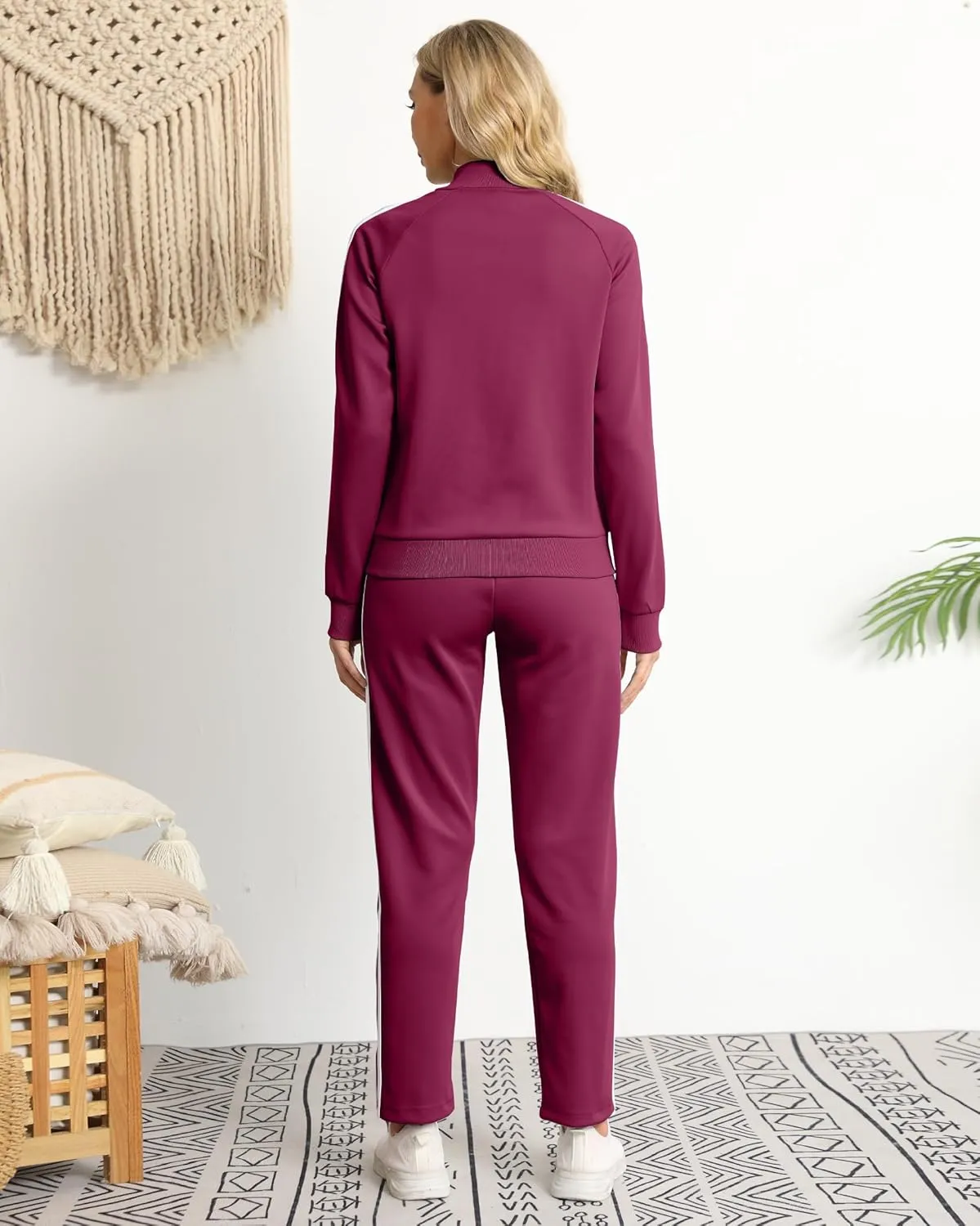 Women's Tracksuit 2 Piece Outfits Zip Striped Sportswear Long Sleeve Jogger Suits for Women with Pockets