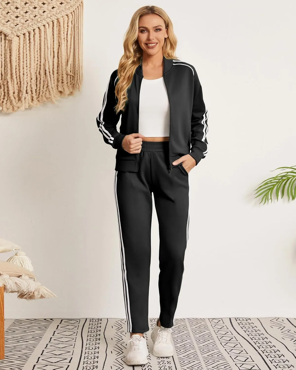 Women's Tracksuit 2 Piece Outfits Zip Striped Sportswear Long Sleeve Jogger Suits for Women with Pockets