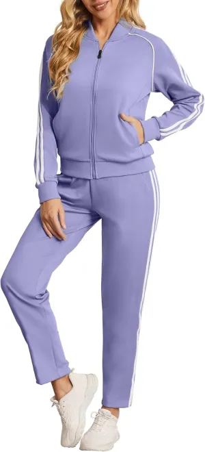 Women's Tracksuit 2 Piece Outfits Zip Striped Sportswear Long Sleeve Jogger Suits for Women with Pockets