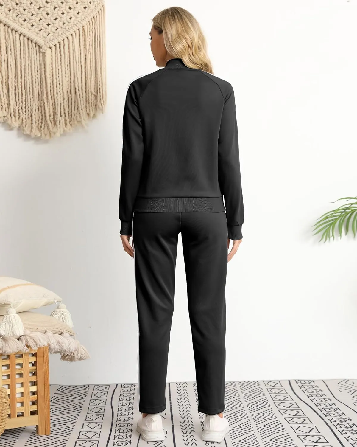 Women's Tracksuit 2 Piece Outfits Zip Striped Sportswear Long Sleeve Jogger Suits for Women with Pockets