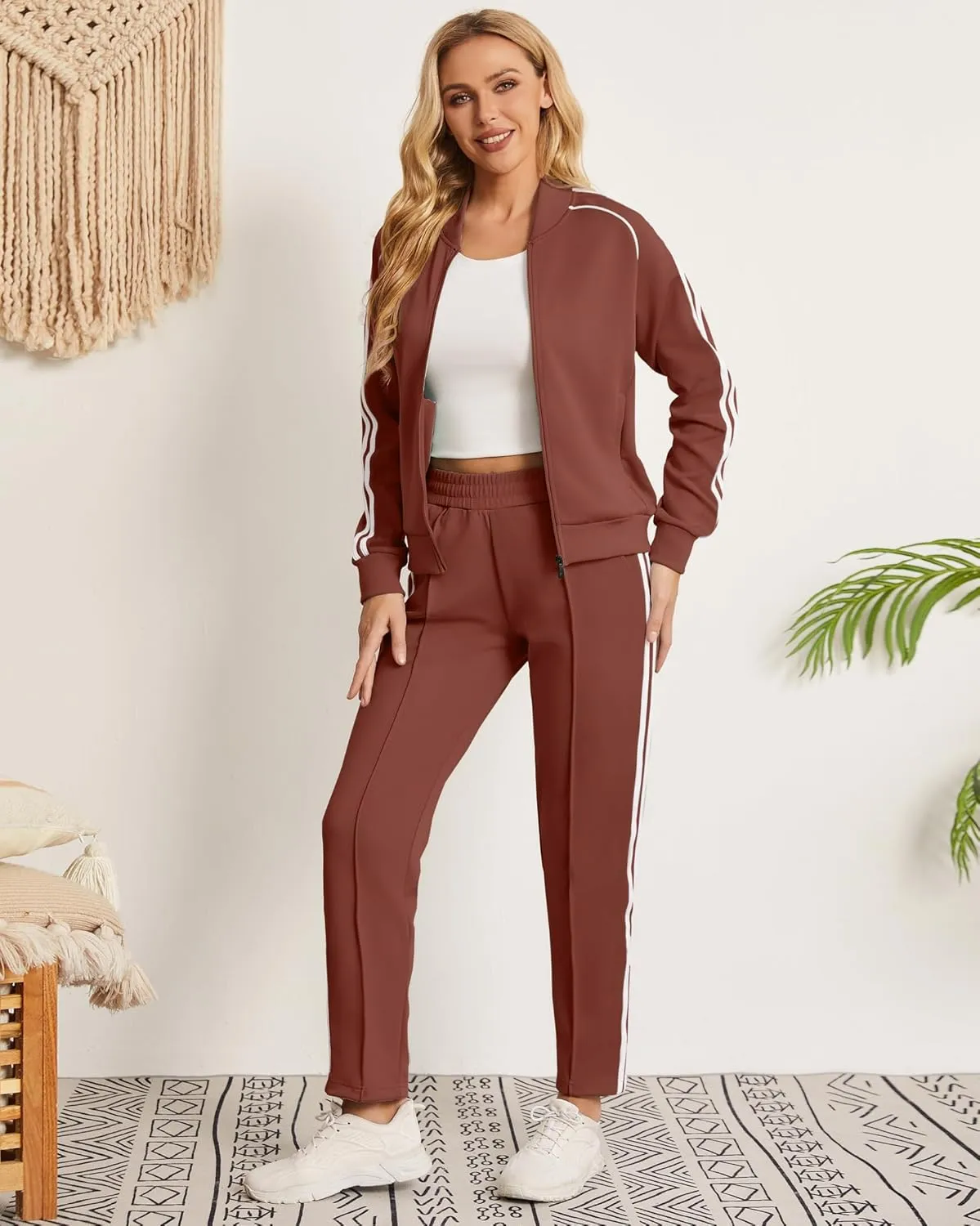 Women's Tracksuit 2 Piece Outfits Zip Striped Sportswear Long Sleeve Jogger Suits for Women with Pockets