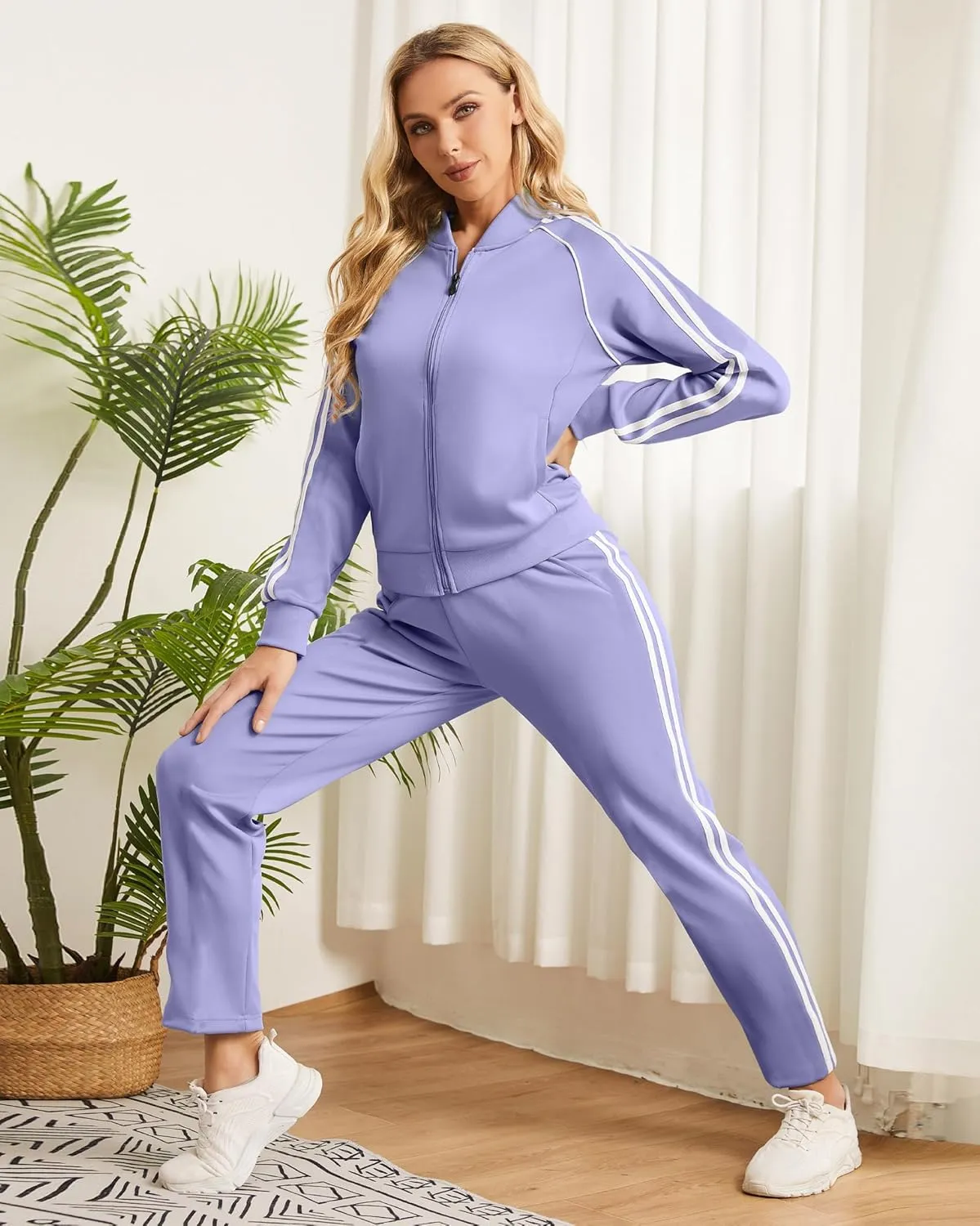 Women's Tracksuit 2 Piece Outfits Zip Striped Sportswear Long Sleeve Jogger Suits for Women with Pockets