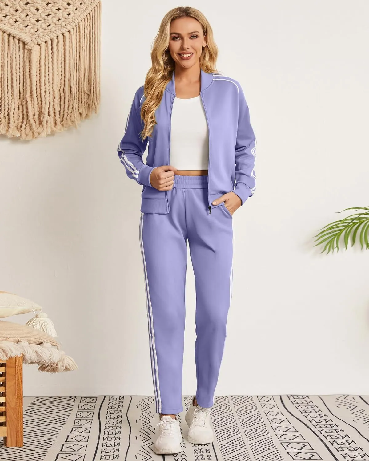 Women's Tracksuit 2 Piece Outfits Zip Striped Sportswear Long Sleeve Jogger Suits for Women with Pockets