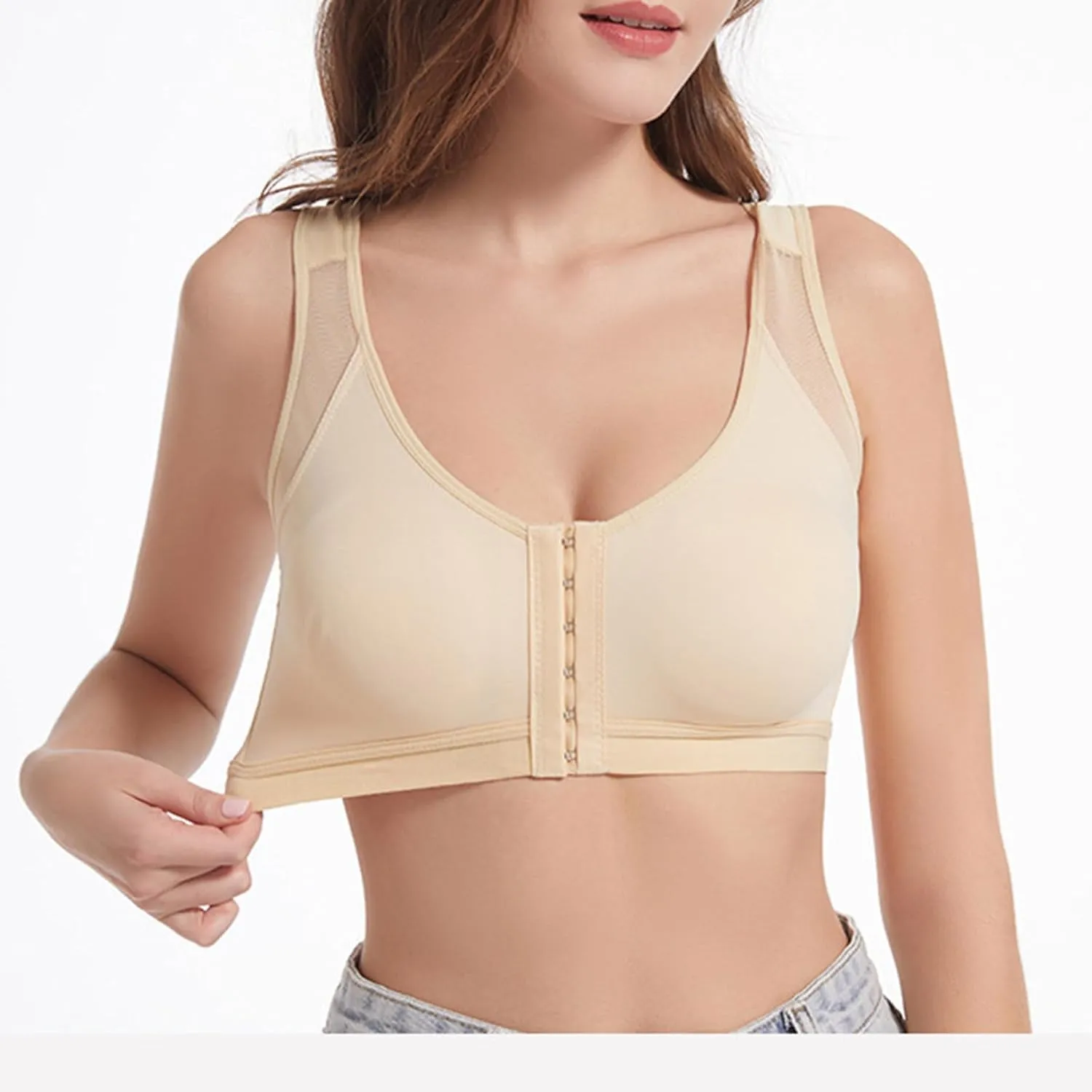 Womens Wireless Sports Bras 4PC Front Hook Comfortable with Wide Straps and Sheer Mesh Training Fitness Bralette 2025