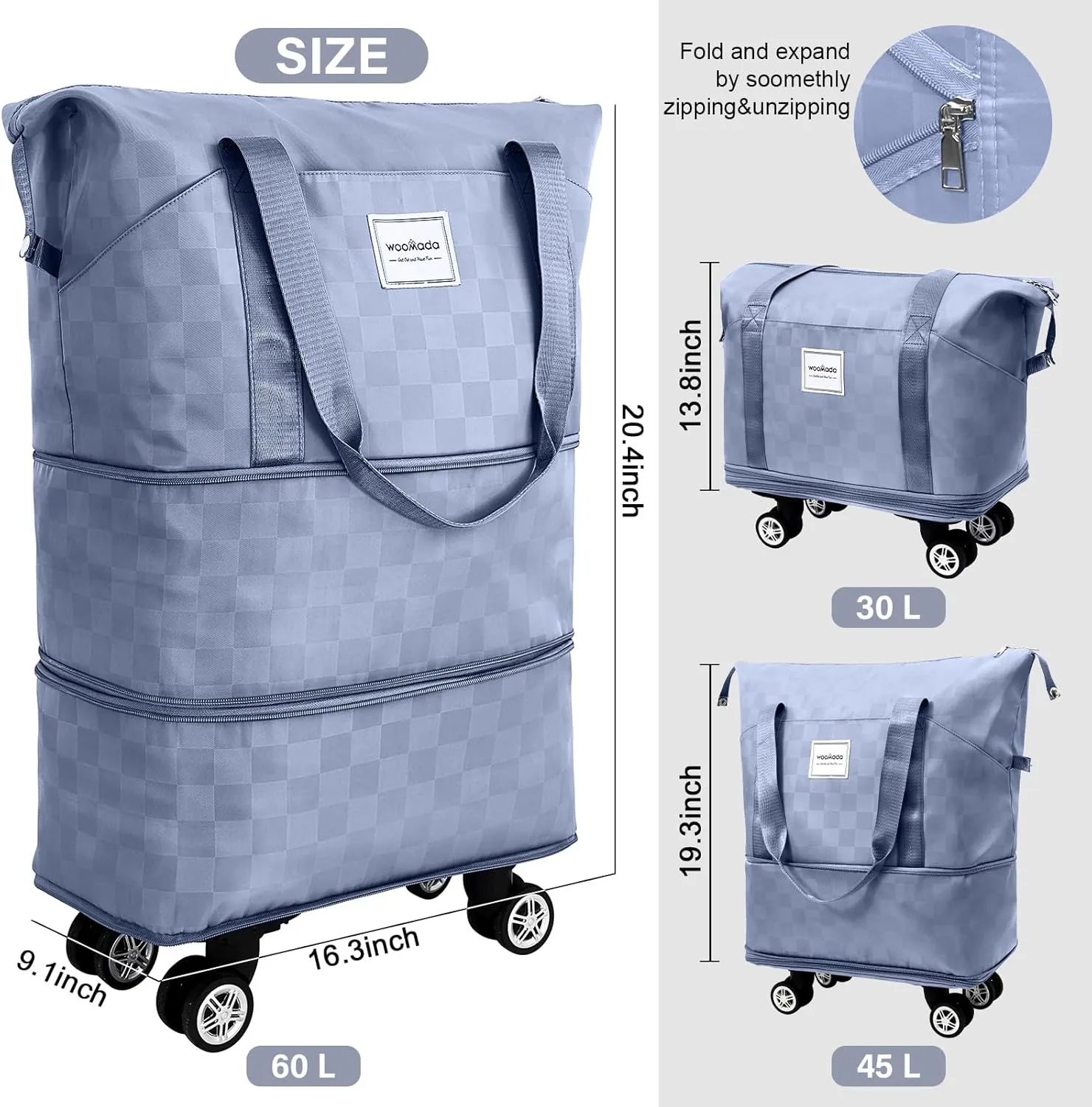 WOOMADA Rolling Duffel Bag With Wheels, Detachable Rolling Carry-On Luggage, Expandable Foldable Large Suitcase for Travel, Business, Camping, Gift for Parents, Spouse(lightblue checkerboard)