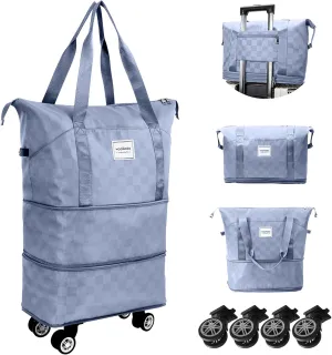 WOOMADA Rolling Duffel Bag With Wheels, Detachable Rolling Carry-On Luggage, Expandable Foldable Large Suitcase for Travel, Business, Camping, Gift for Parents, Spouse(lightblue checkerboard)