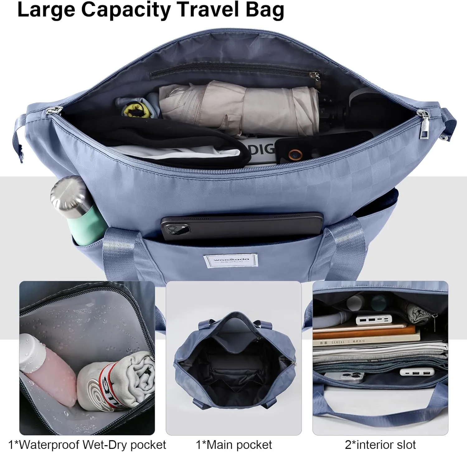 WOOMADA Rolling Duffel Bag With Wheels, Detachable Rolling Carry-On Luggage, Expandable Foldable Large Suitcase for Travel, Business, Camping, Gift for Parents, Spouse(lightblue checkerboard)