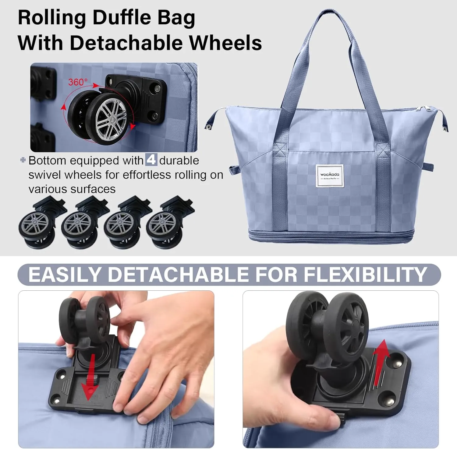 WOOMADA Rolling Duffel Bag With Wheels, Detachable Rolling Carry-On Luggage, Expandable Foldable Large Suitcase for Travel, Business, Camping, Gift for Parents, Spouse(lightblue checkerboard)