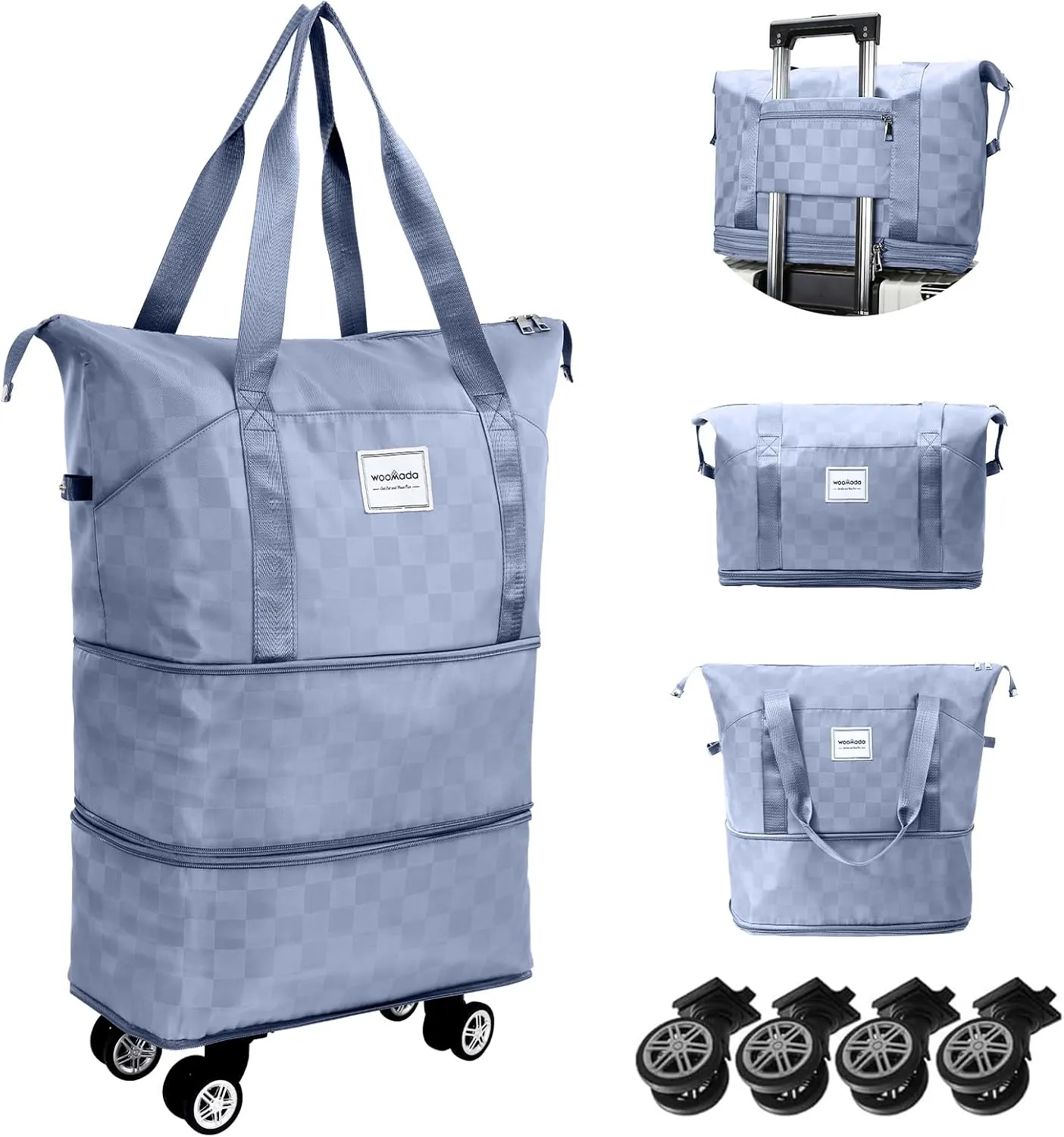 WOOMADA Rolling Duffel Bag With Wheels, Detachable Rolling Carry-On Luggage, Expandable Foldable Large Suitcase for Travel, Business, Camping, Gift for Parents, Spouse(lightblue checkerboard)
