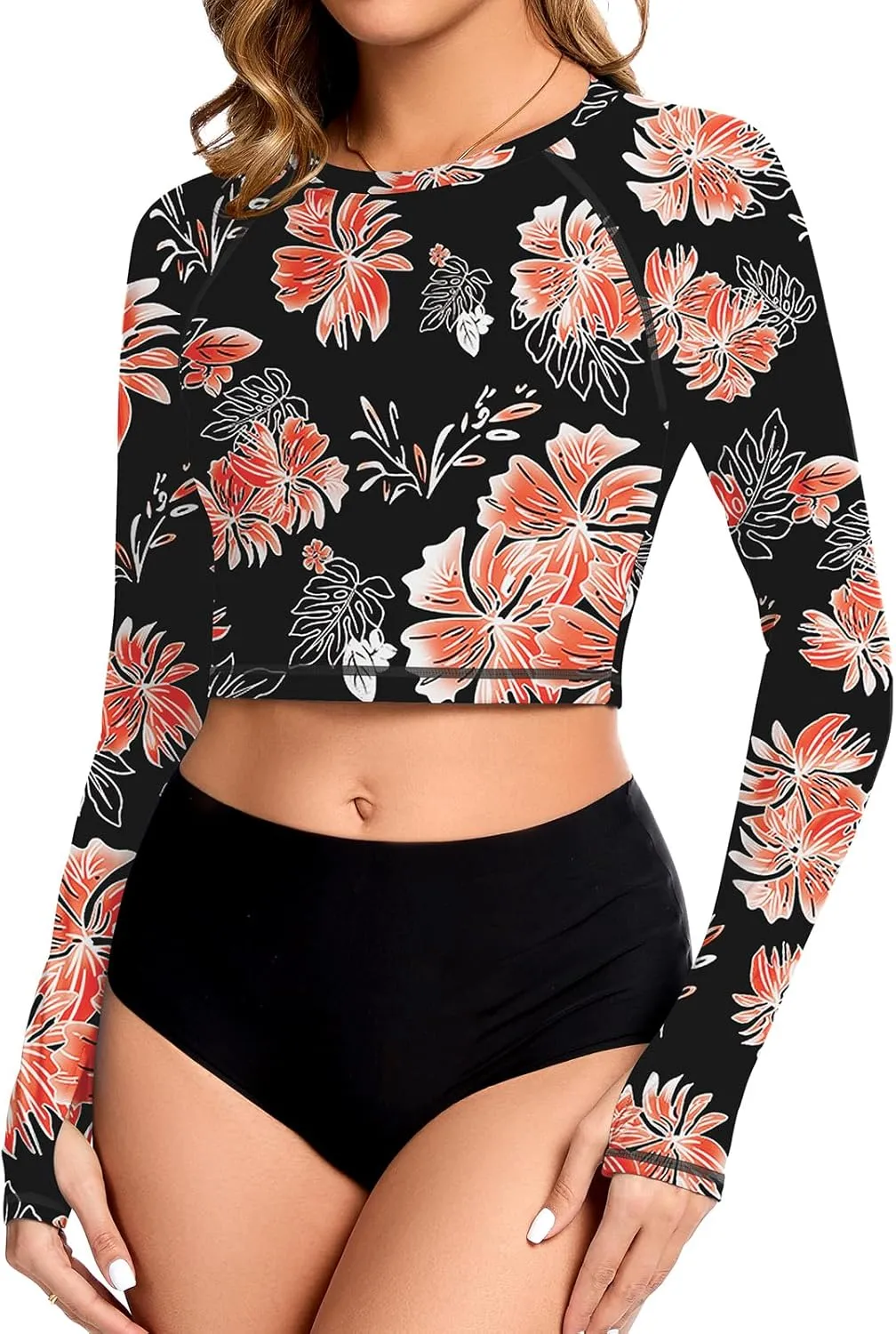 WOWENY Rash Guard for Women Long Sleeve Swimsuits UPF 50  Swim Shirts UV Protection Swim Crop Top Bathing Suit No Bottom