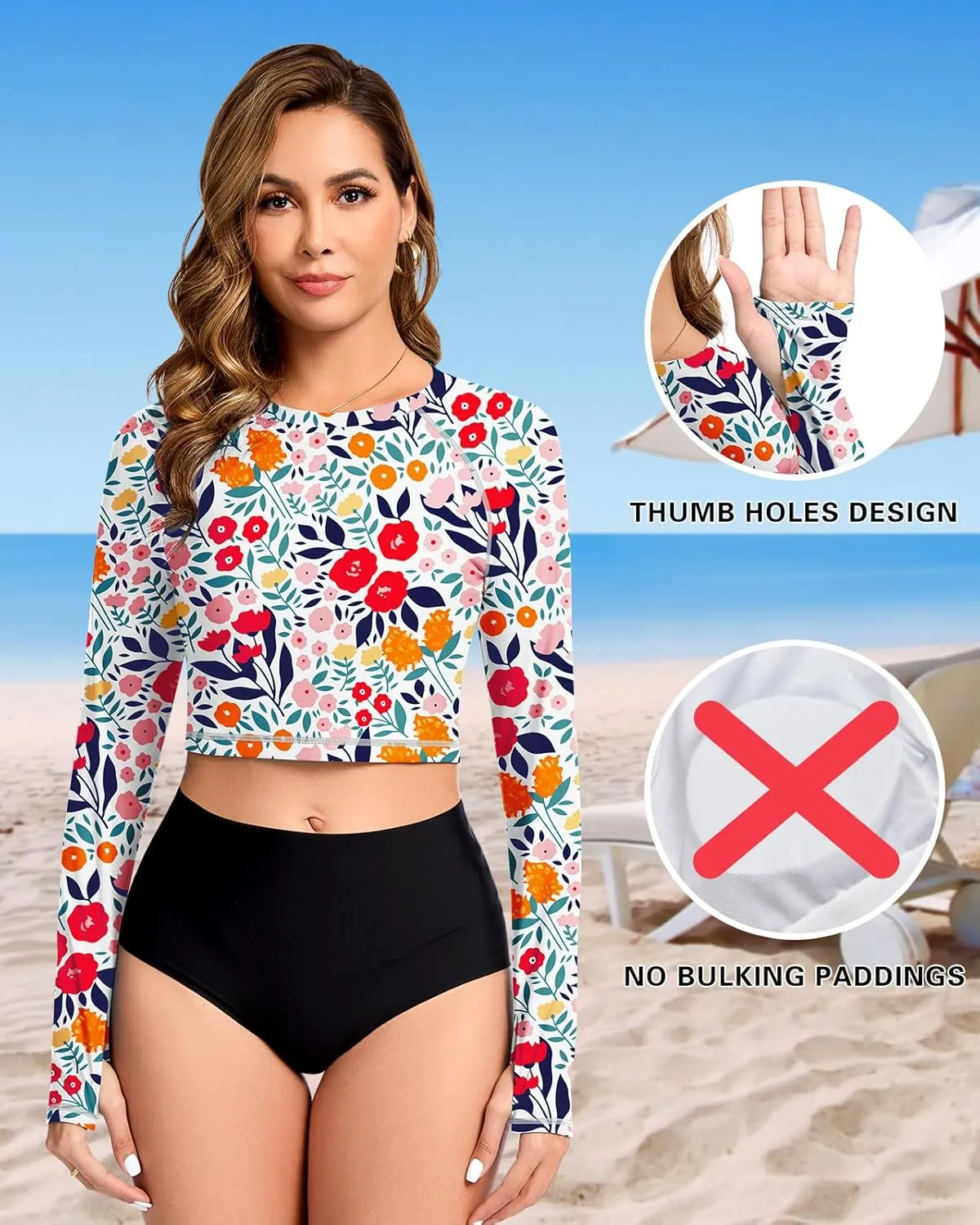 WOWENY Rash Guard for Women Long Sleeve Swimsuits UPF 50  Swim Shirts UV Protection Swim Crop Top Bathing Suit No Bottom