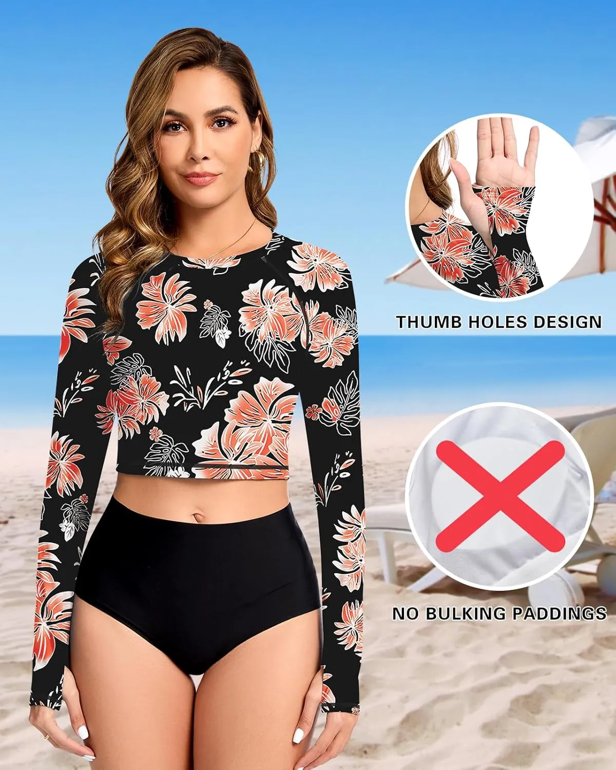 WOWENY Rash Guard for Women Long Sleeve Swimsuits UPF 50  Swim Shirts UV Protection Swim Crop Top Bathing Suit No Bottom