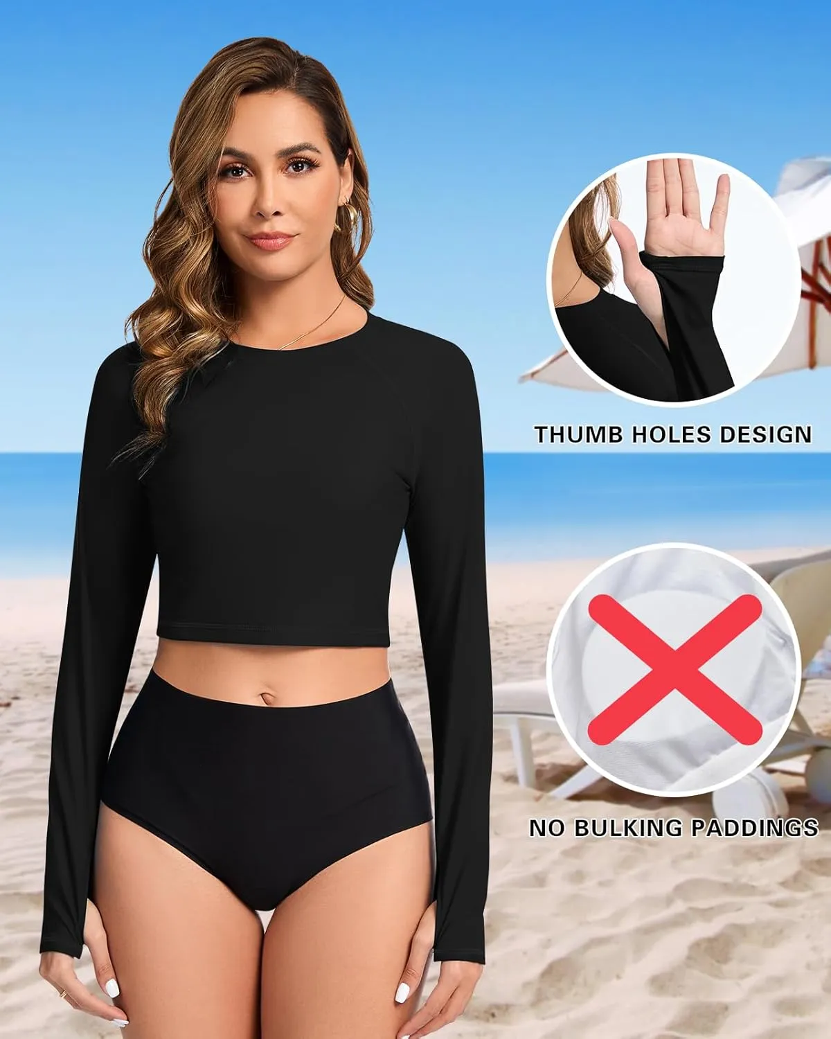 WOWENY Rash Guard for Women Long Sleeve Swimsuits UPF 50  Swim Shirts UV Protection Swim Crop Top Bathing Suit No Bottom