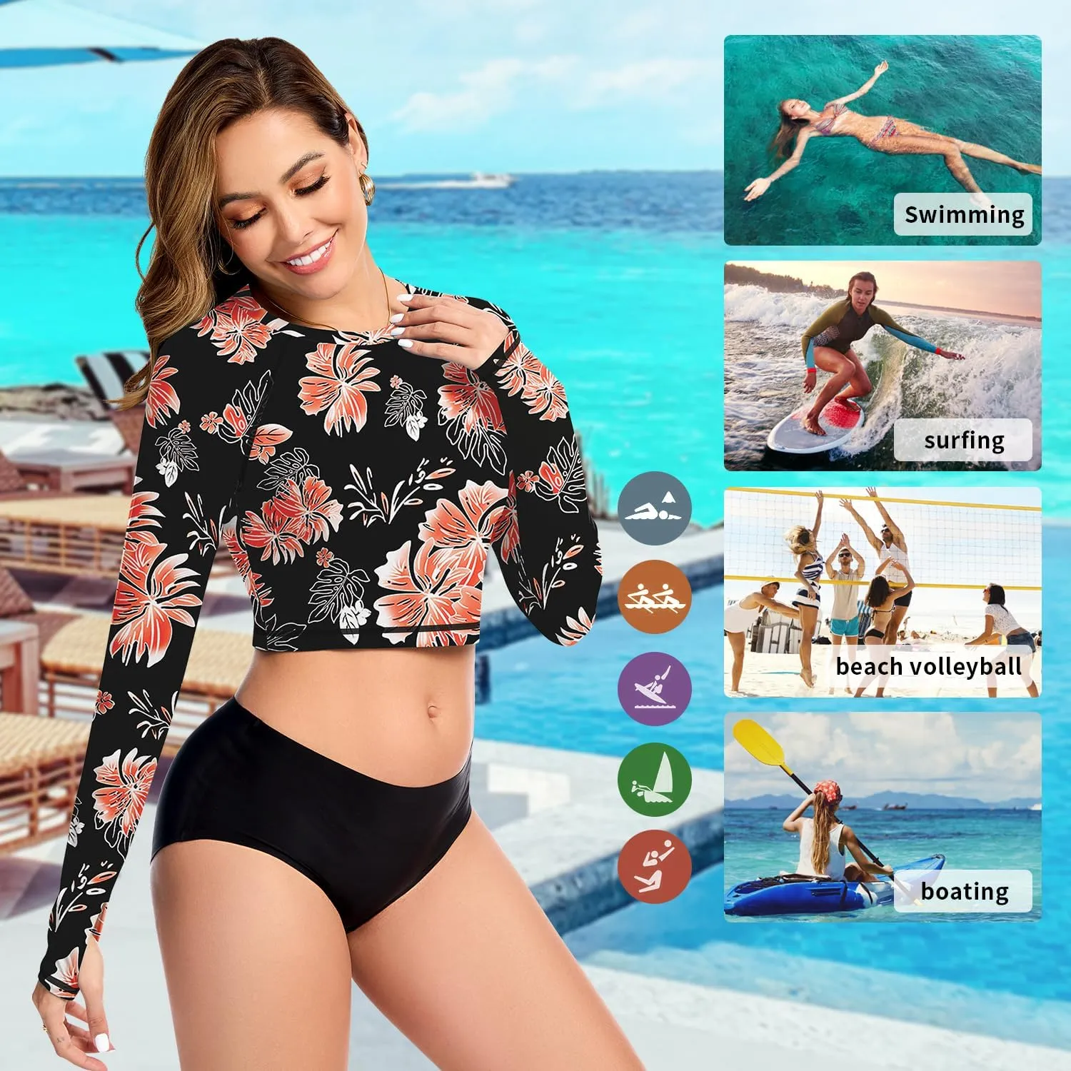 WOWENY Rash Guard for Women Long Sleeve Swimsuits UPF 50  Swim Shirts UV Protection Swim Crop Top Bathing Suit No Bottom