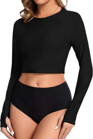 WOWENY Rash Guard for Women Long Sleeve Swimsuits UPF 50  Swim Shirts UV Protection Swim Crop Top Bathing Suit No Bottom