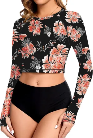 WOWENY Rash Guard for Women Long Sleeve Swimsuits UPF 50  Swim Shirts UV Protection Swim Crop Top Bathing Suit No Bottom
