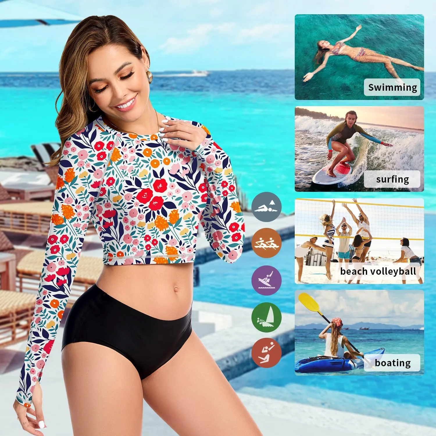 WOWENY Rash Guard for Women Long Sleeve Swimsuits UPF 50  Swim Shirts UV Protection Swim Crop Top Bathing Suit No Bottom