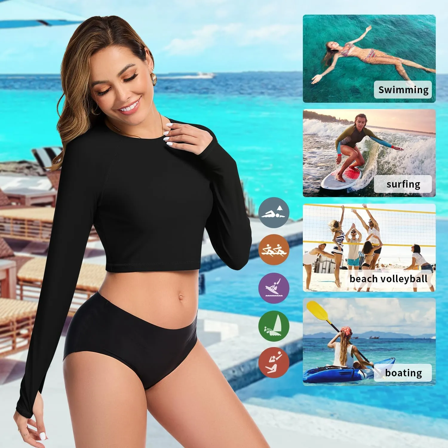 WOWENY Rash Guard for Women Long Sleeve Swimsuits UPF 50  Swim Shirts UV Protection Swim Crop Top Bathing Suit No Bottom