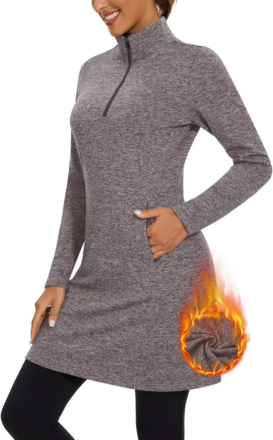 WOWENY Women's Fleece Dress Thermal Sweatshirt Tunic Dress Long Quarter Zip Pullover Polar Winter Dress with Pocket
