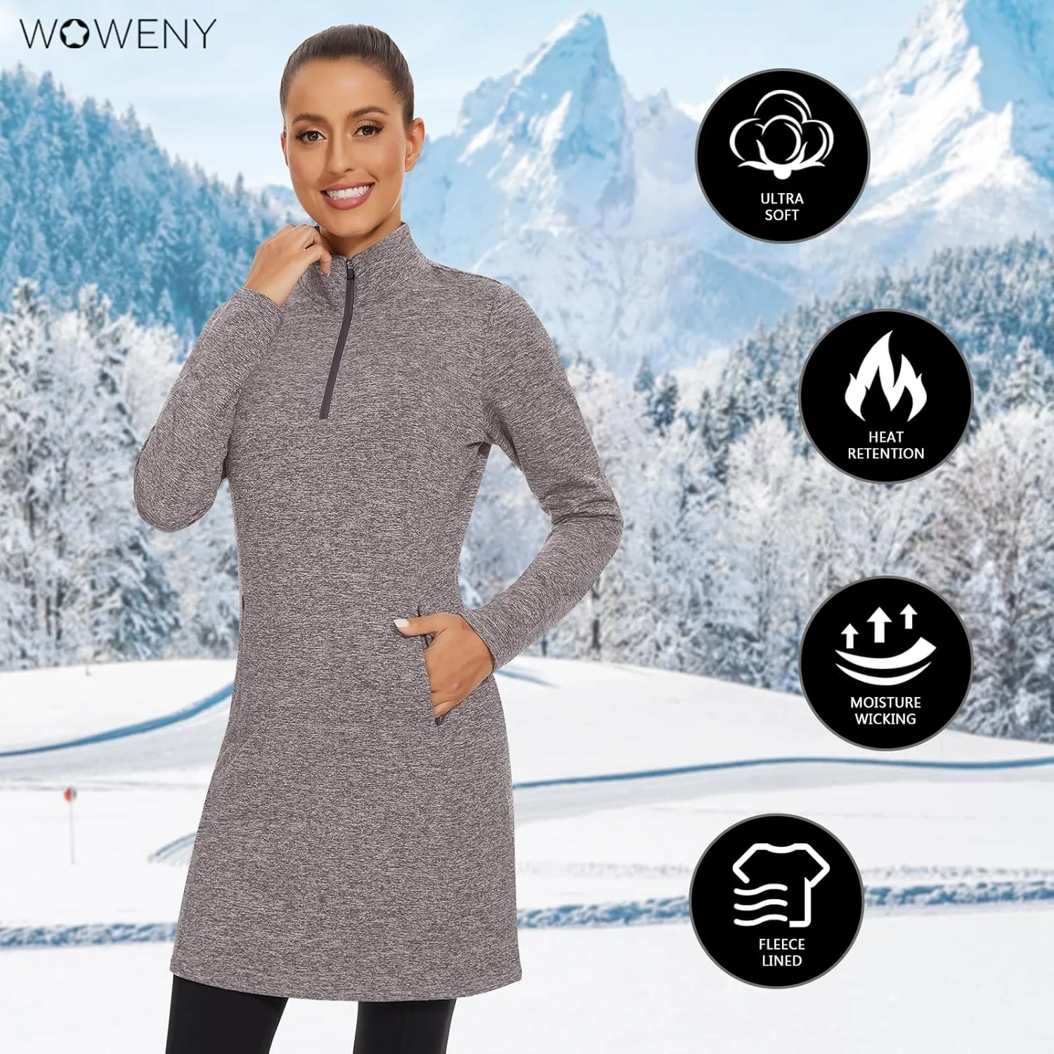 WOWENY Women's Fleece Dress Thermal Sweatshirt Tunic Dress Long Quarter Zip Pullover Polar Winter Dress with Pocket