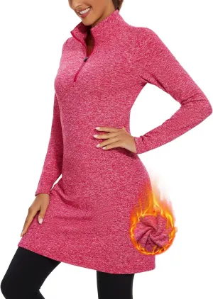 WOWENY Women's Fleece Dress Thermal Sweatshirt Tunic Dress Long Quarter Zip Pullover Polar Winter Dress with Pocket