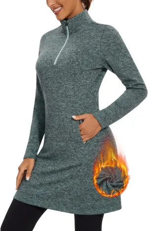 WOWENY Women's Fleece Dress Thermal Sweatshirt Tunic Dress Long Quarter Zip Pullover Polar Winter Dress with Pocket