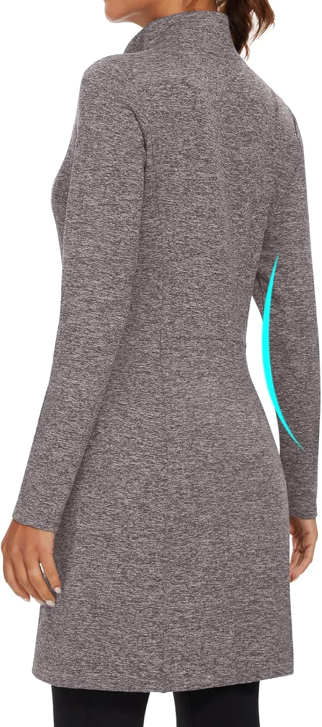 WOWENY Women's Fleece Dress Thermal Sweatshirt Tunic Dress Long Quarter Zip Pullover Polar Winter Dress with Pocket