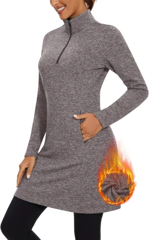WOWENY Women's Fleece Dress Thermal Sweatshirt Tunic Dress Long Quarter Zip Pullover Polar Winter Dress with Pocket