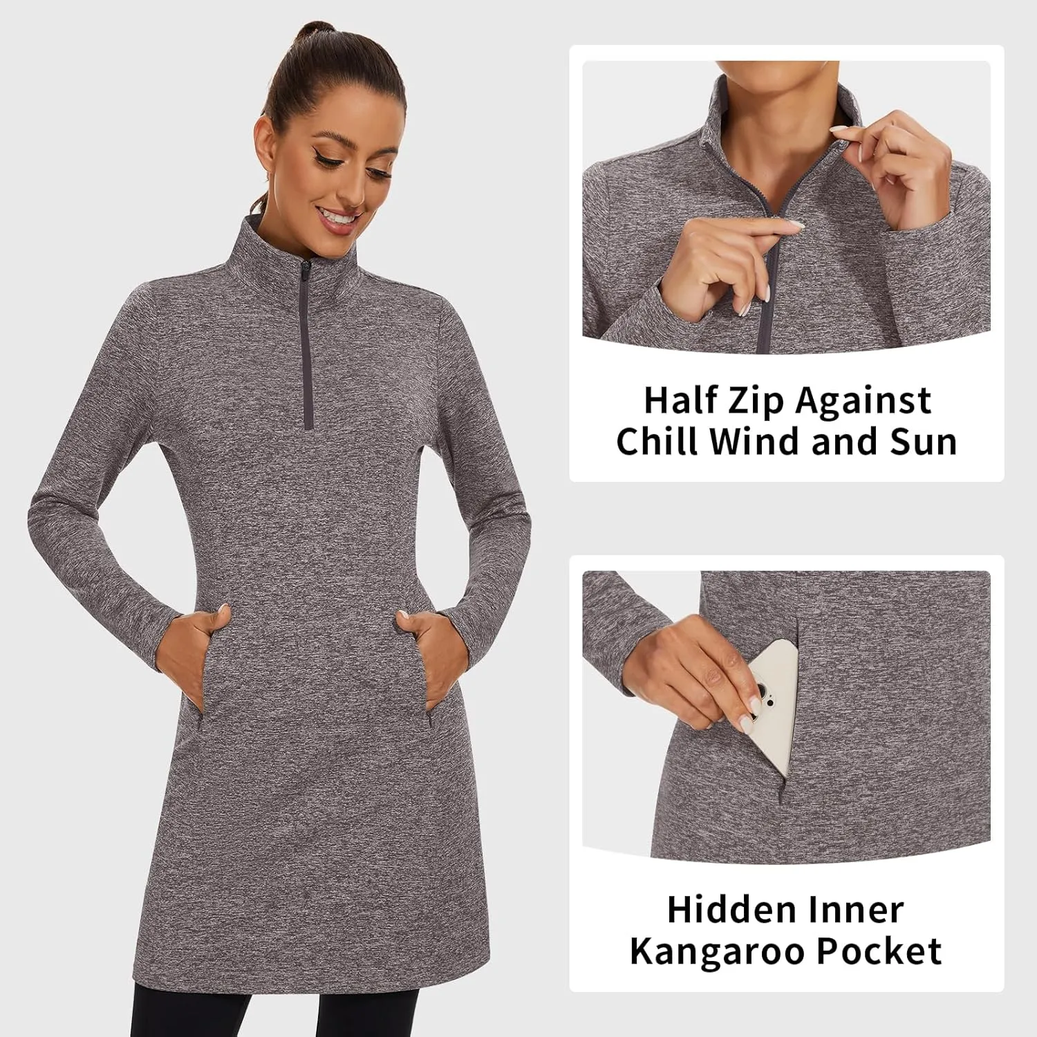 WOWENY Women's Fleece Dress Thermal Sweatshirt Tunic Dress Long Quarter Zip Pullover Polar Winter Dress with Pocket