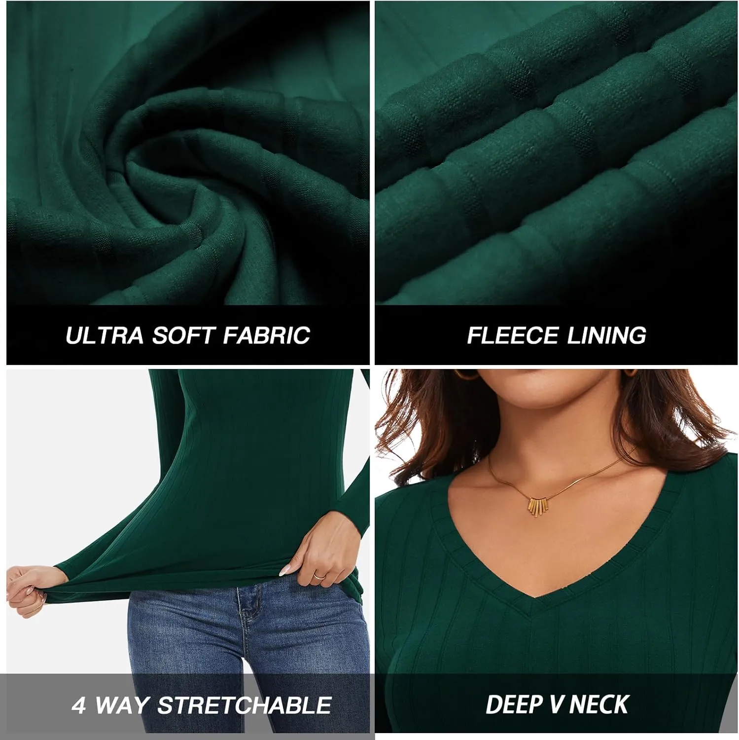 WOWENY Womens Long Sleeve Thermal Shirts V Neck T Shirts Underwear Tops Warm Base Layer Basic Fitted Tees