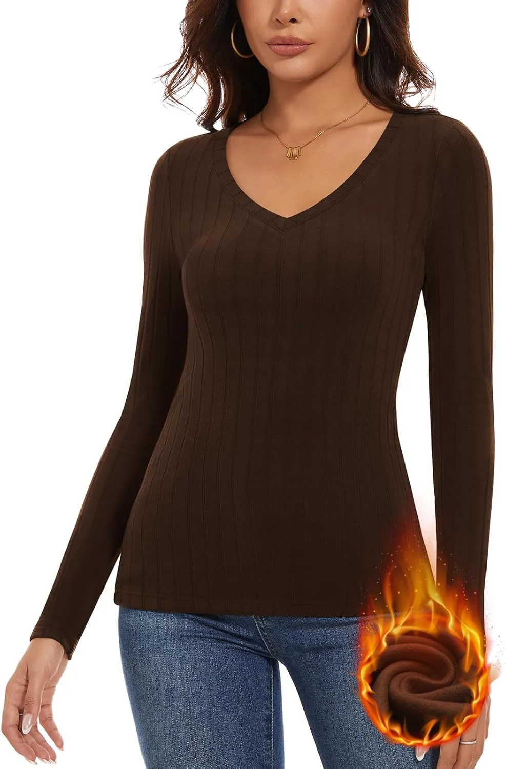 WOWENY Womens Long Sleeve Thermal Shirts V Neck T Shirts Underwear Tops Warm Base Layer Basic Fitted Tees