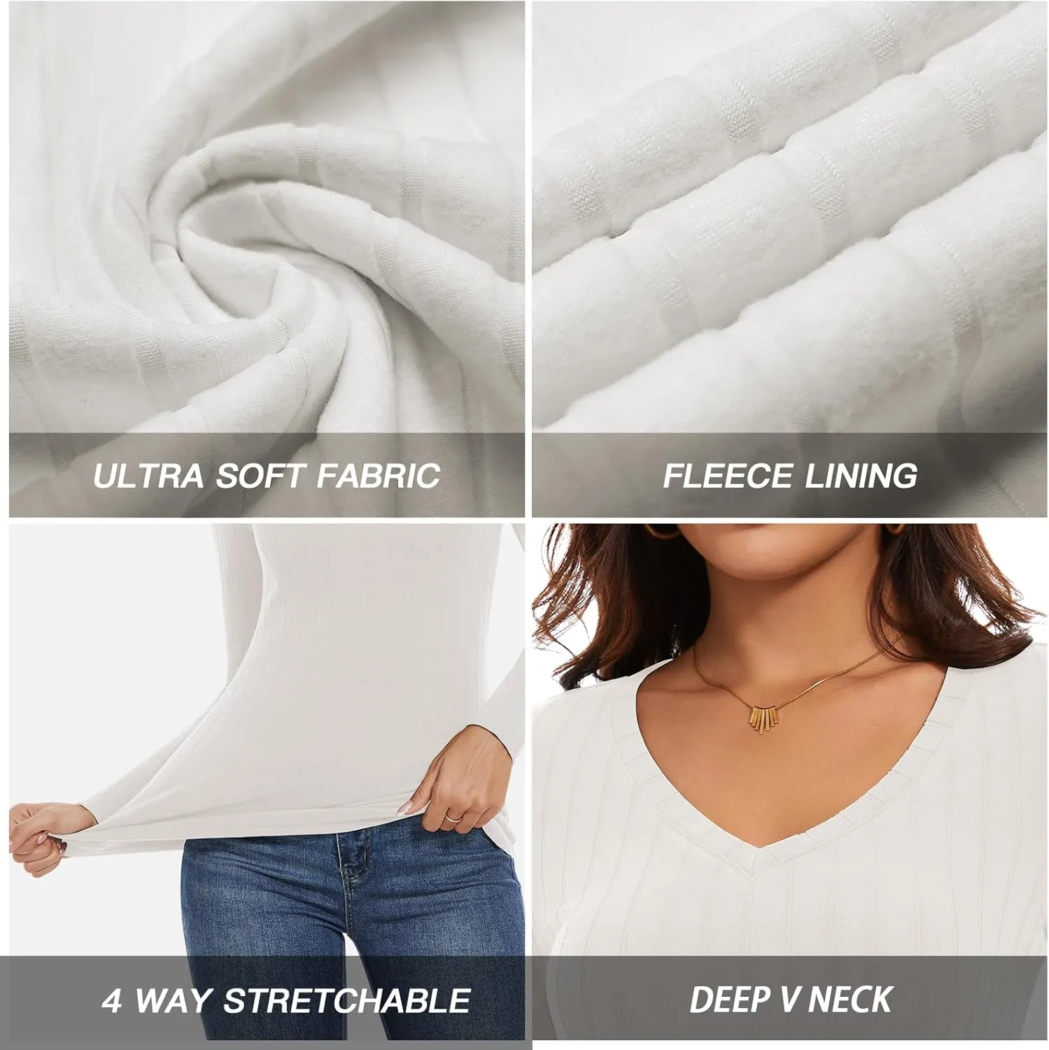 WOWENY Womens Long Sleeve Thermal Shirts V Neck T Shirts Underwear Tops Warm Base Layer Basic Fitted Tees