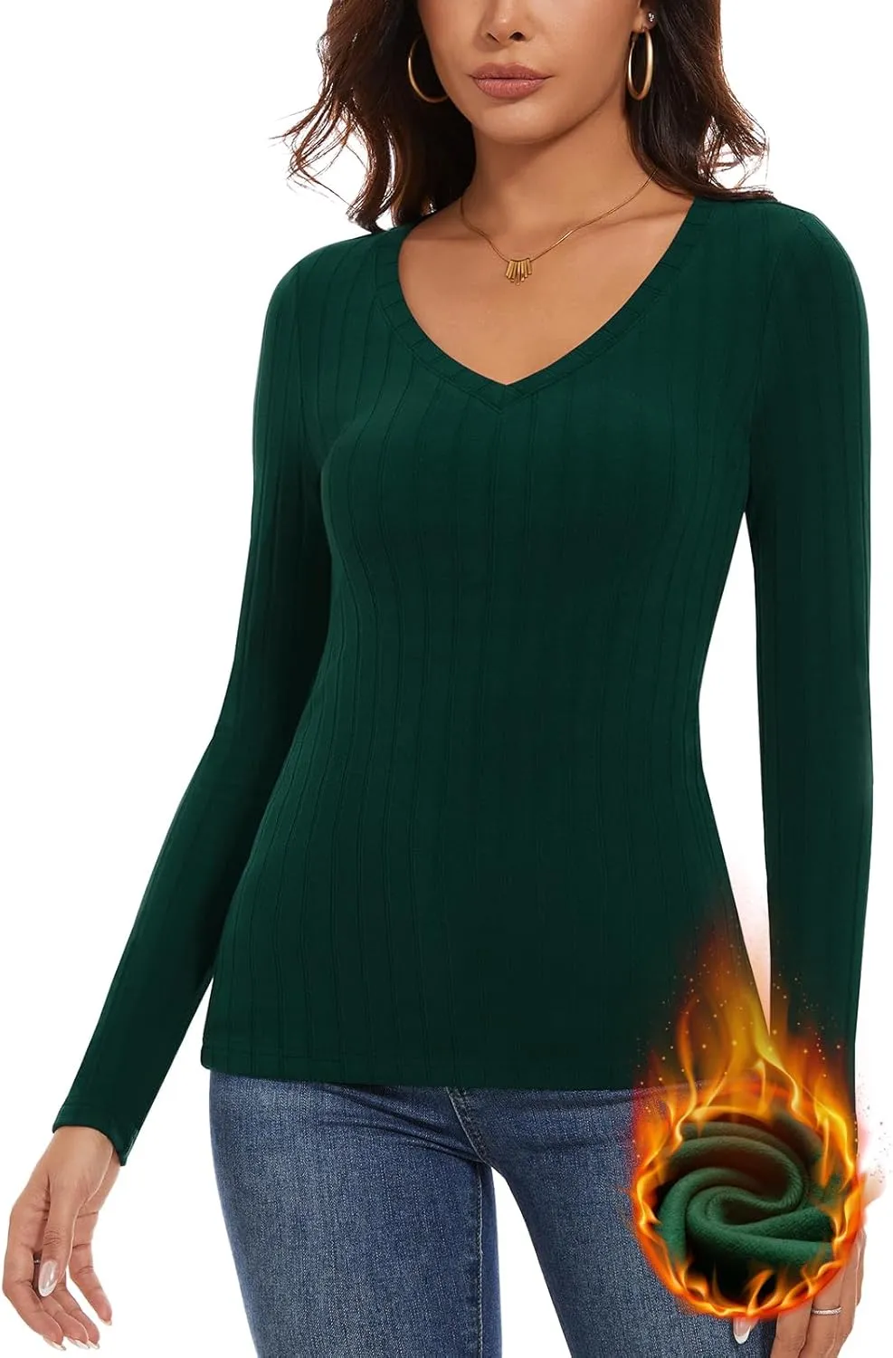 WOWENY Womens Long Sleeve Thermal Shirts V Neck T Shirts Underwear Tops Warm Base Layer Basic Fitted Tees