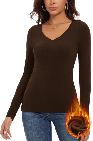 WOWENY Womens Long Sleeve Thermal Shirts V Neck T Shirts Underwear Tops Warm Base Layer Basic Fitted Tees