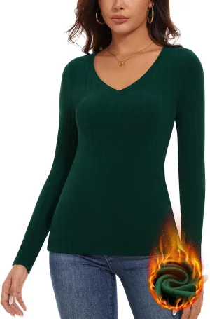 WOWENY Womens Long Sleeve Thermal Shirts V Neck T Shirts Underwear Tops Warm Base Layer Basic Fitted Tees