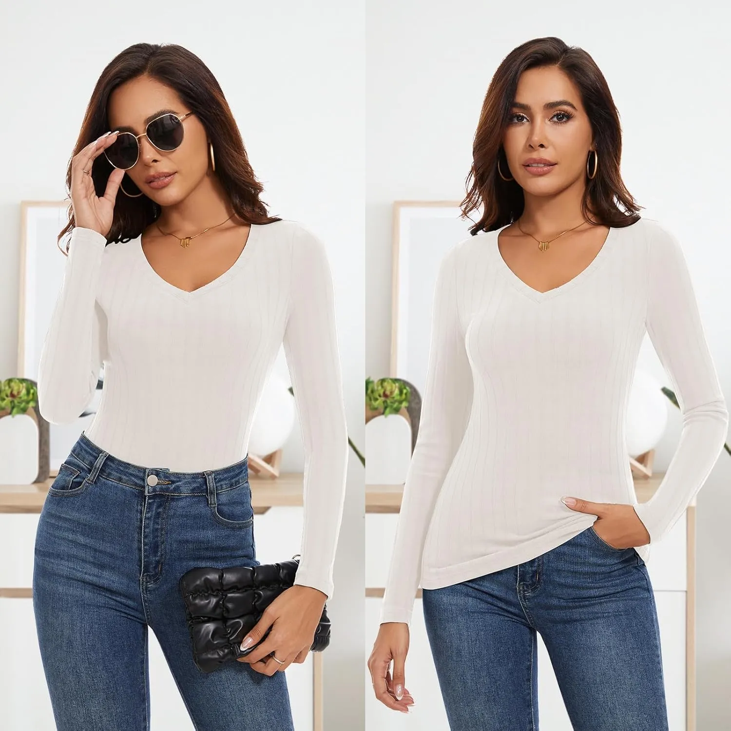 WOWENY Womens Long Sleeve Thermal Shirts V Neck T Shirts Underwear Tops Warm Base Layer Basic Fitted Tees