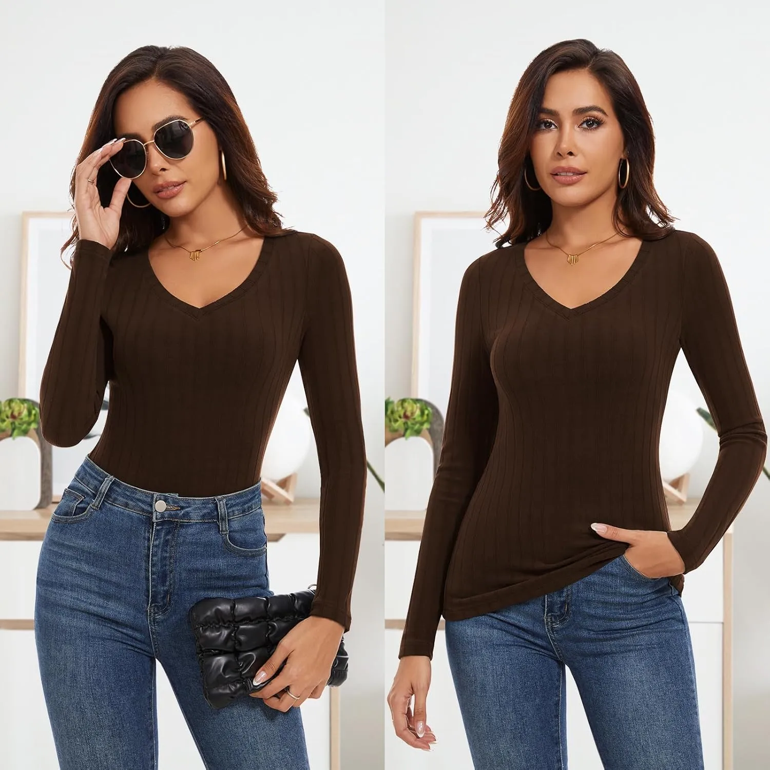 WOWENY Womens Long Sleeve Thermal Shirts V Neck T Shirts Underwear Tops Warm Base Layer Basic Fitted Tees