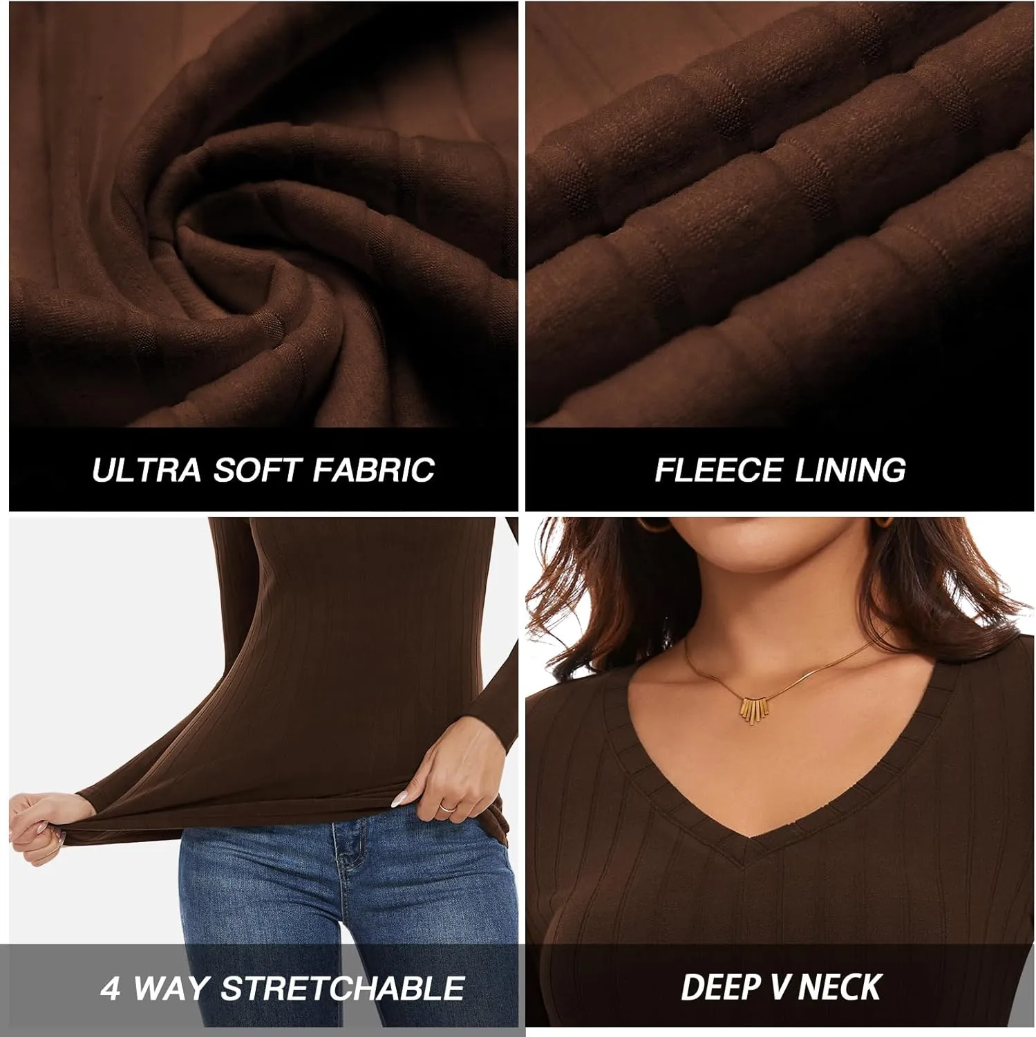 WOWENY Womens Long Sleeve Thermal Shirts V Neck T Shirts Underwear Tops Warm Base Layer Basic Fitted Tees